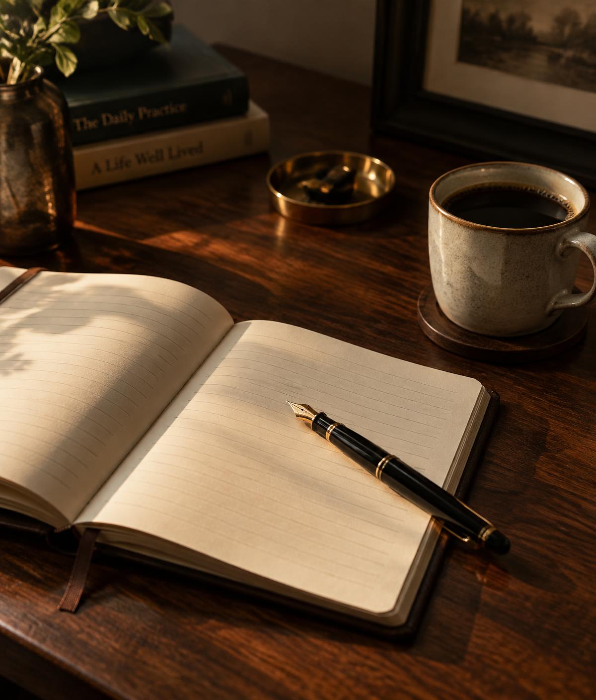 An open notebook, pen and coffee on a dark wooden desk
