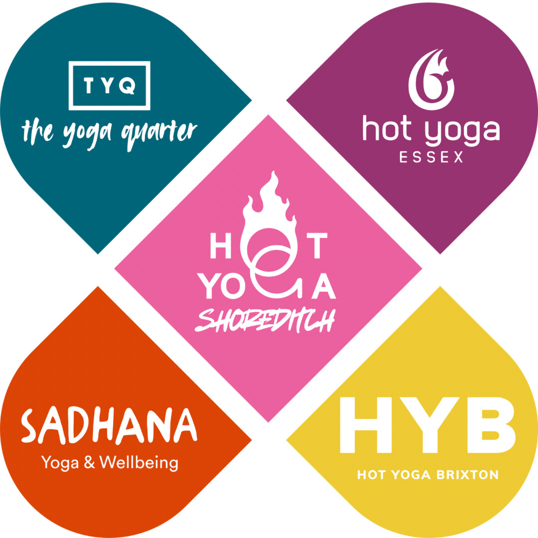 Logos of The Yoga Quarter, Hot Yoga Essex, Hot Yoga Shoreditch, Sadhana Yoga & Wellbeing and Hot Yoga Brixton
